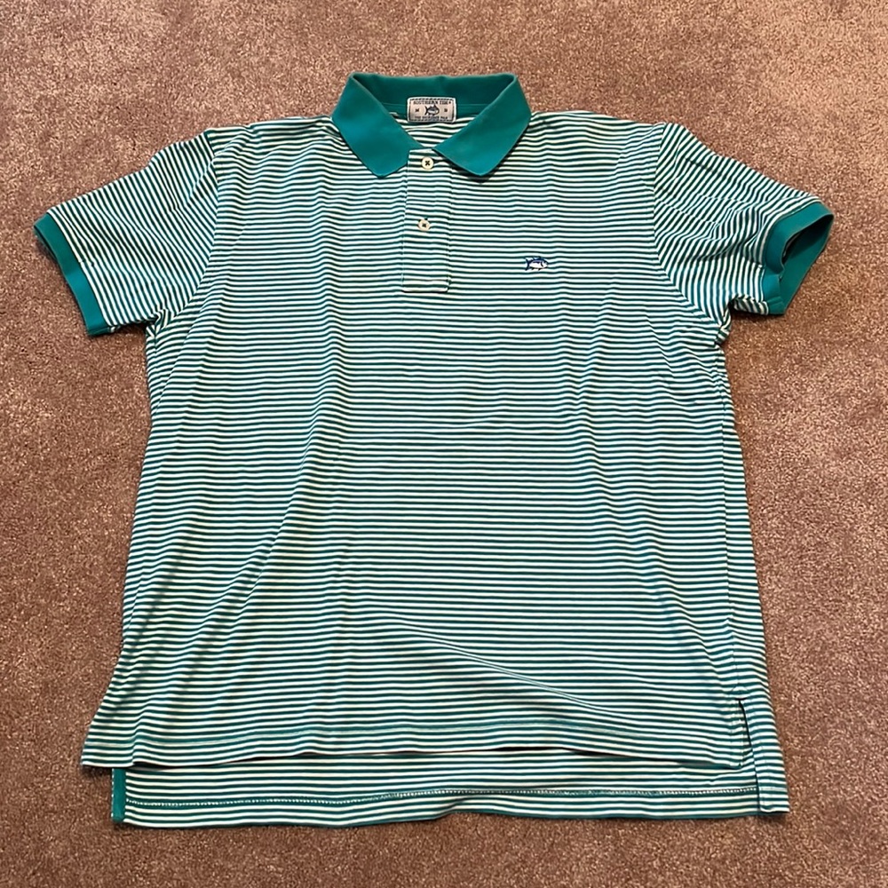 Southern Tide Skipjack Polo Aqua and White Stripe Medium